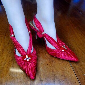 J.Renee Carina Slingback Kitten Heels Crushed Satin Beaded Pink Y2K 8.5M EUC